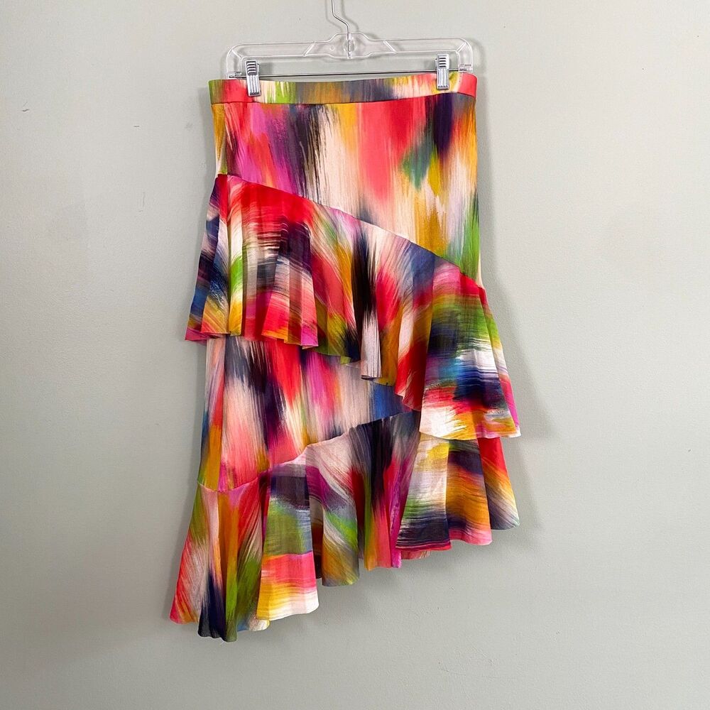 Fuzzi Tiered Midi Skirt Asymmetrical Pull On Womens Large Colorful Tropical Boho